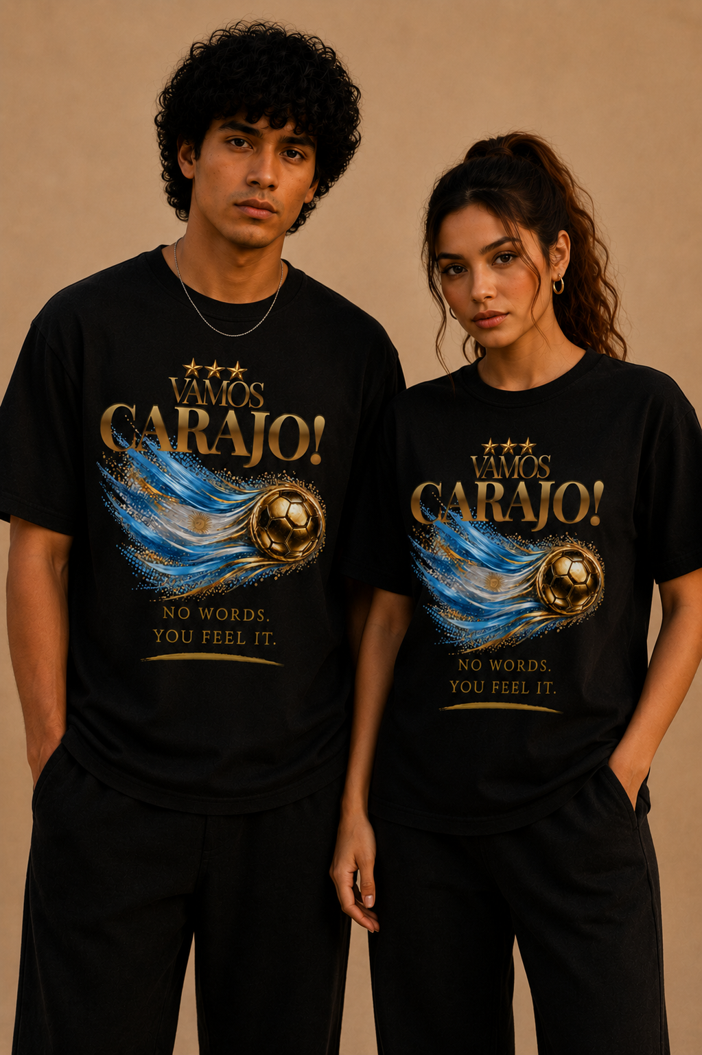 Vamos Carajo! Argentina Tee | Gold Soccer & Argentina Flag Design | Bilingual Edition | Front Print