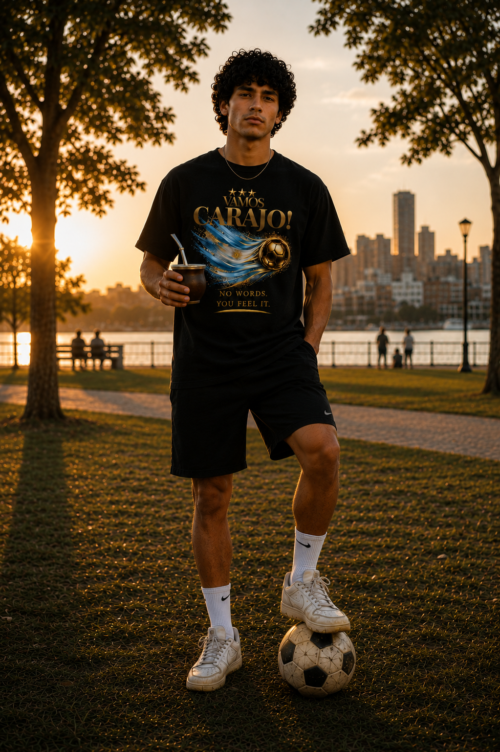 Vamos Carajo! Argentina Tee | Gold Soccer & Argentina Flag Design | Bilingual Edition | Front Print