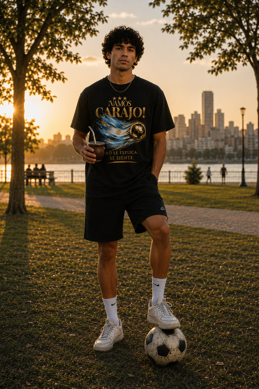 ¡Vamos Carajo! Argentina Tee | Diseño Dorado de Fútbol y Bandera de Argentina | Front Print