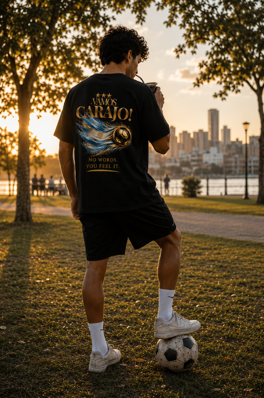 Vamos Carajo! Argentina Tee | Gold Soccer & Argentina Flag Design | Bilingual Edition | Back Print