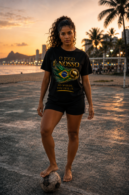Brazil — O Jogo É Nosso Tee | Gold Soccer Ball & Brazil Flag Design | Bilingual Edition | Front Print