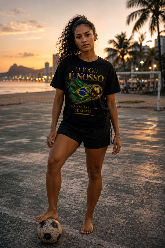 O Jogo É Nosso Tee | Bola de Futebol Dourada & Design da Bandeira do Brasil | Front Print
