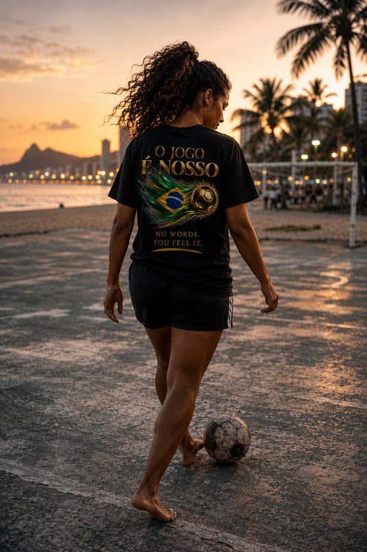 Brazil — O Jogo É Nosso Tee | Gold Soccer Ball & Brazil Flag Design | Bilingual Edition | Back Print