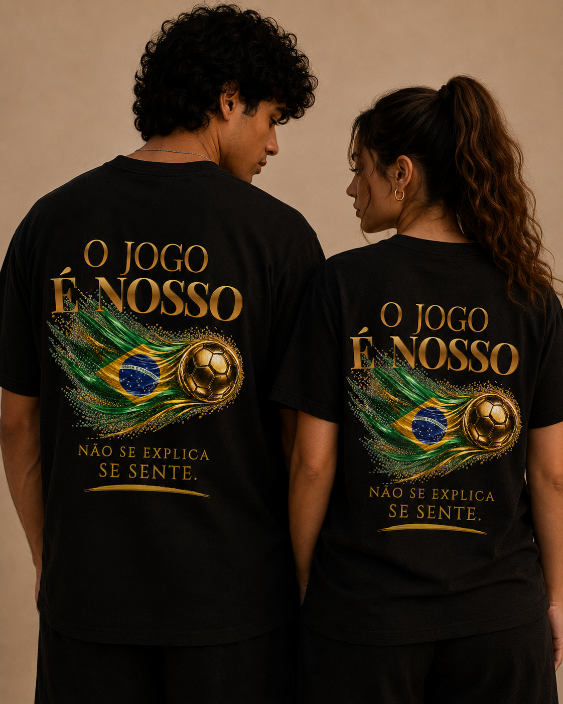 O Jogo É Nosso Tee | Bola de Futebol Dourada & Design da Bandeira do Brasil | Back Print