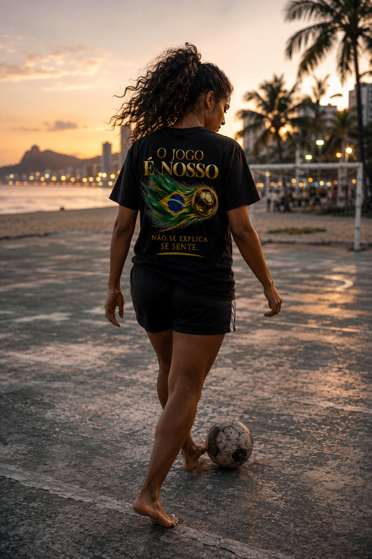O Jogo É Nosso Tee | Bola de Futebol Dourada & Design da Bandeira do Brasil | Back Print