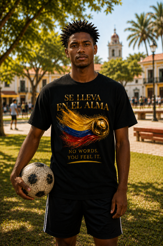 Se Lleva En El Alma Tee | Gold Soccer & Colombia Flag Design | Bilingual Edition | Front Print