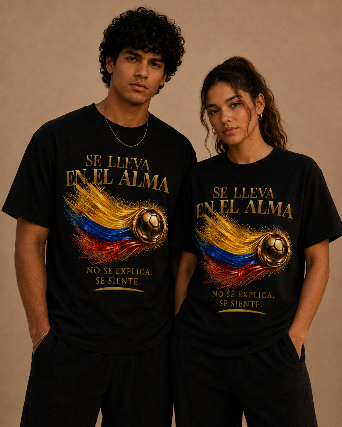Se Lleva En El Alma Tee | Diseño Dorado de Fútbol y Bandera de Colombia | Front Print