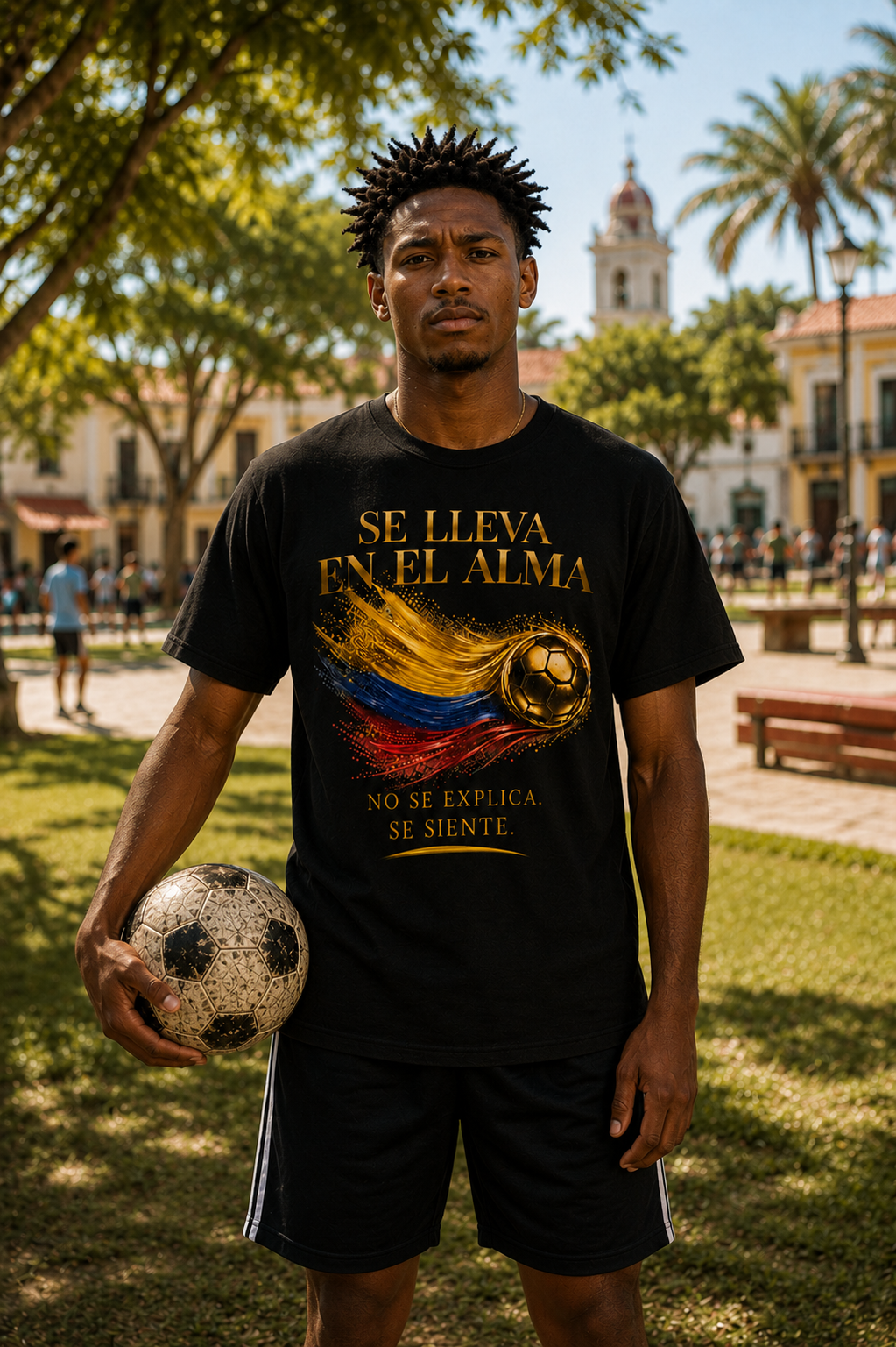 Se Lleva En El Alma Tee | Diseño Dorado de Fútbol y Bandera de Colombia | Front Print