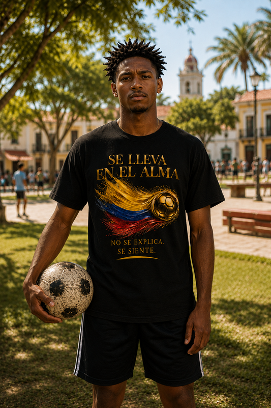 Se Lleva En El Alma Tee | Diseño Dorado de Fútbol y Bandera de Colombia | Front Print
