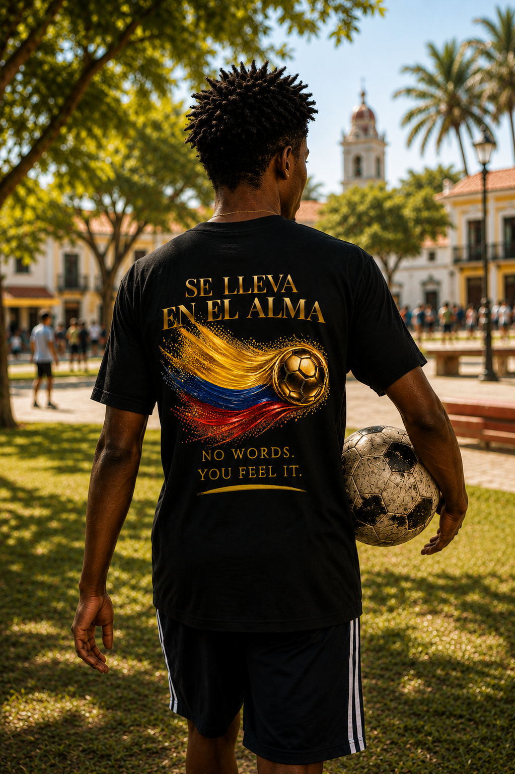 Se Lleva En El Alma Tee | Gold Soccer & Colombia Flag Design | Bilingual Edition | Back Print