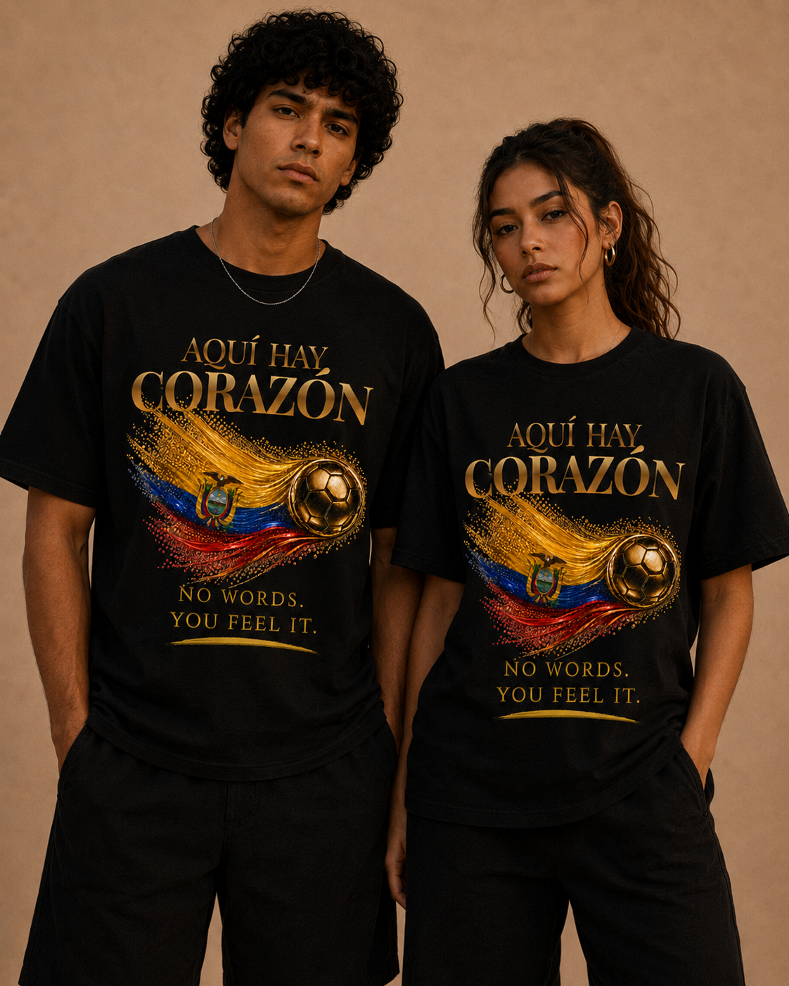 Aquí Hay Corazón Tee | Gold Soccer & Ecuador Flag Design | Bilingual Edition | Front Print