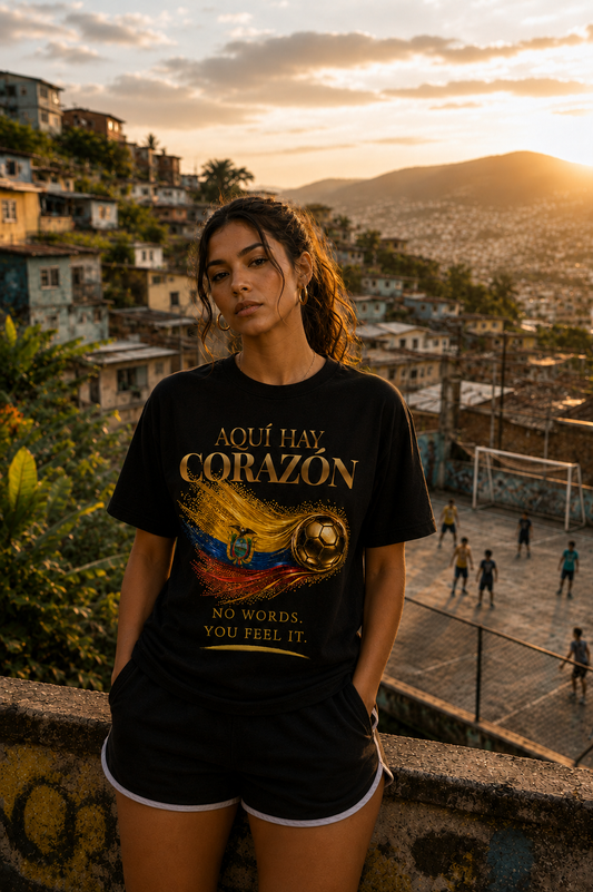 Aquí Hay Corazón Tee | Gold Soccer & Ecuador Flag Design | Bilingual Edition | Front Print