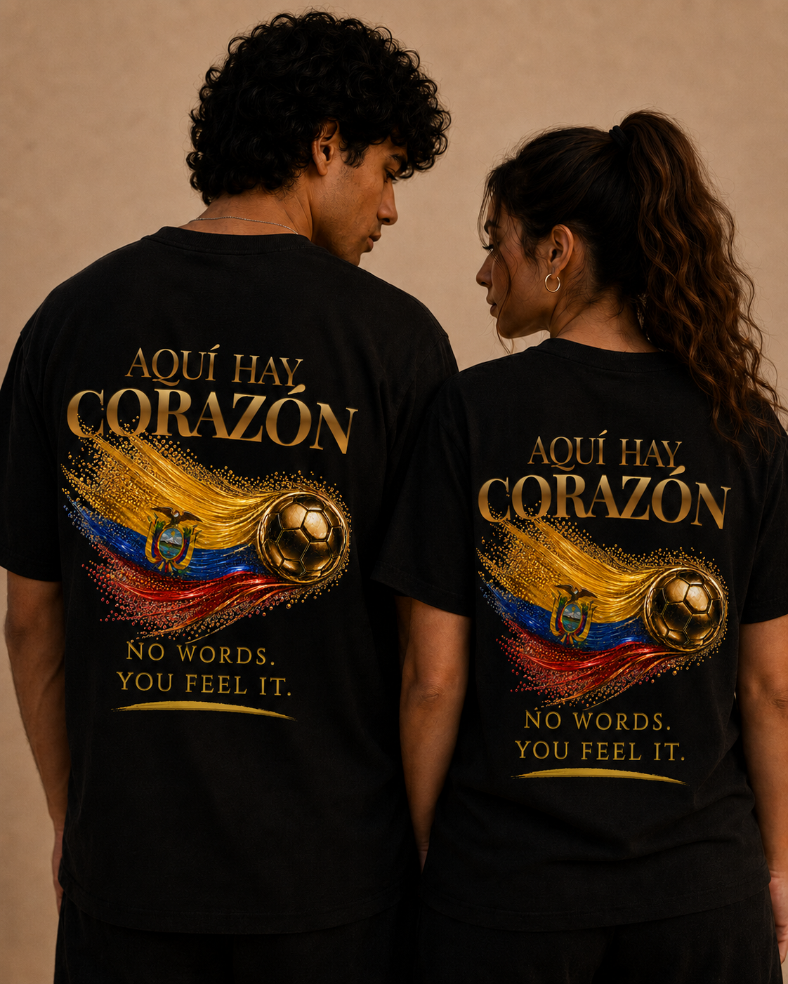 Aquí Hay Corazón Tee | Gold Soccer & Ecuador Flag Design | Bilingual Edition | Back Print