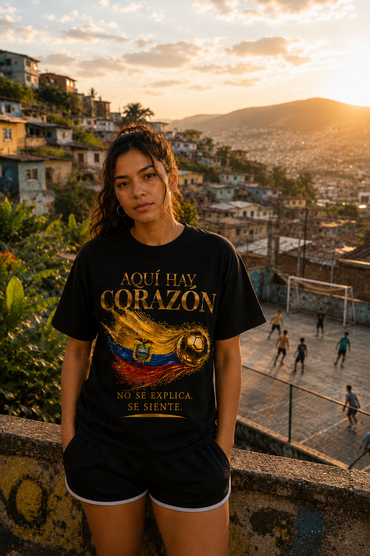 Aquí Hay Corazón Tee | Diseño Dorado de Fútbol y Bandera de Ecuador | Front Print
