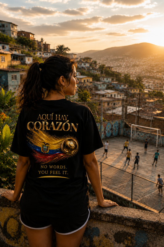 Aquí Hay Corazón Tee | Gold Soccer & Ecuador Flag Design | Bilingual Edition | Back Print