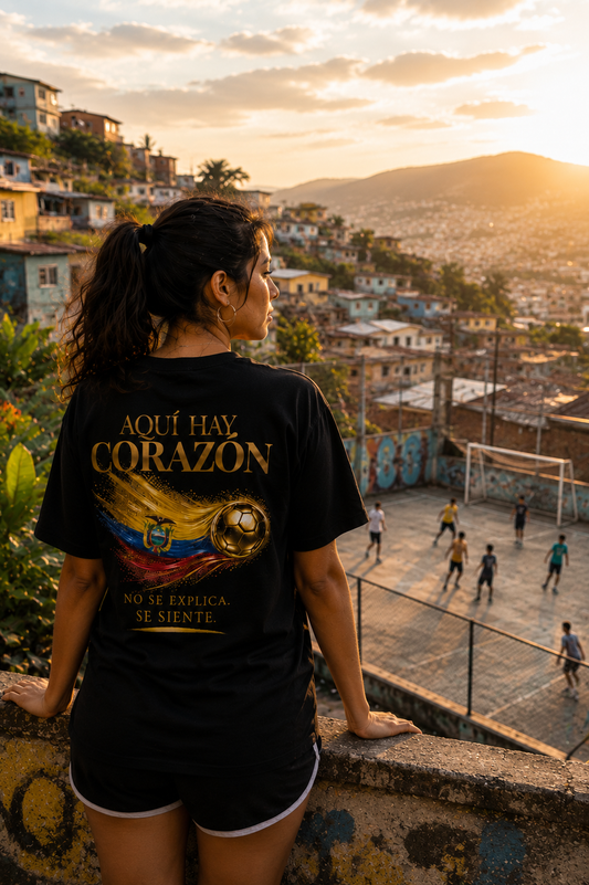 Aquí Hay Corazón Tee | Diseño Dorado de Fútbol y Bandera de Ecuador | Back Print
