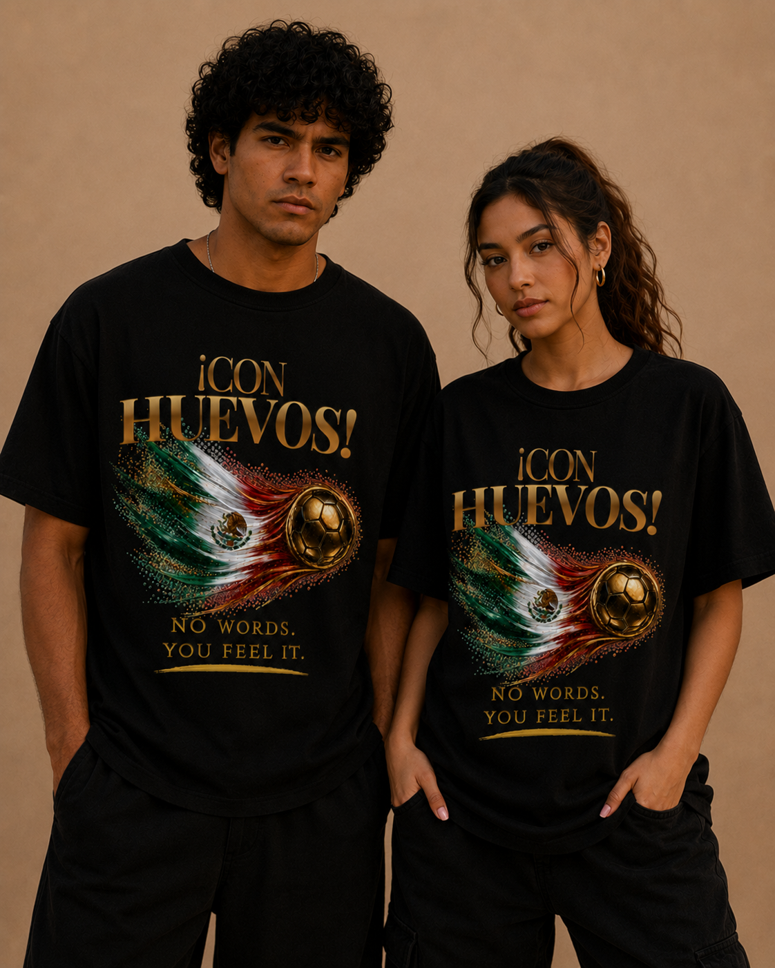 Con Huevos! México Tee | Gold Soccer & Mexico Flag Design | Bilingual Edition | Front Print