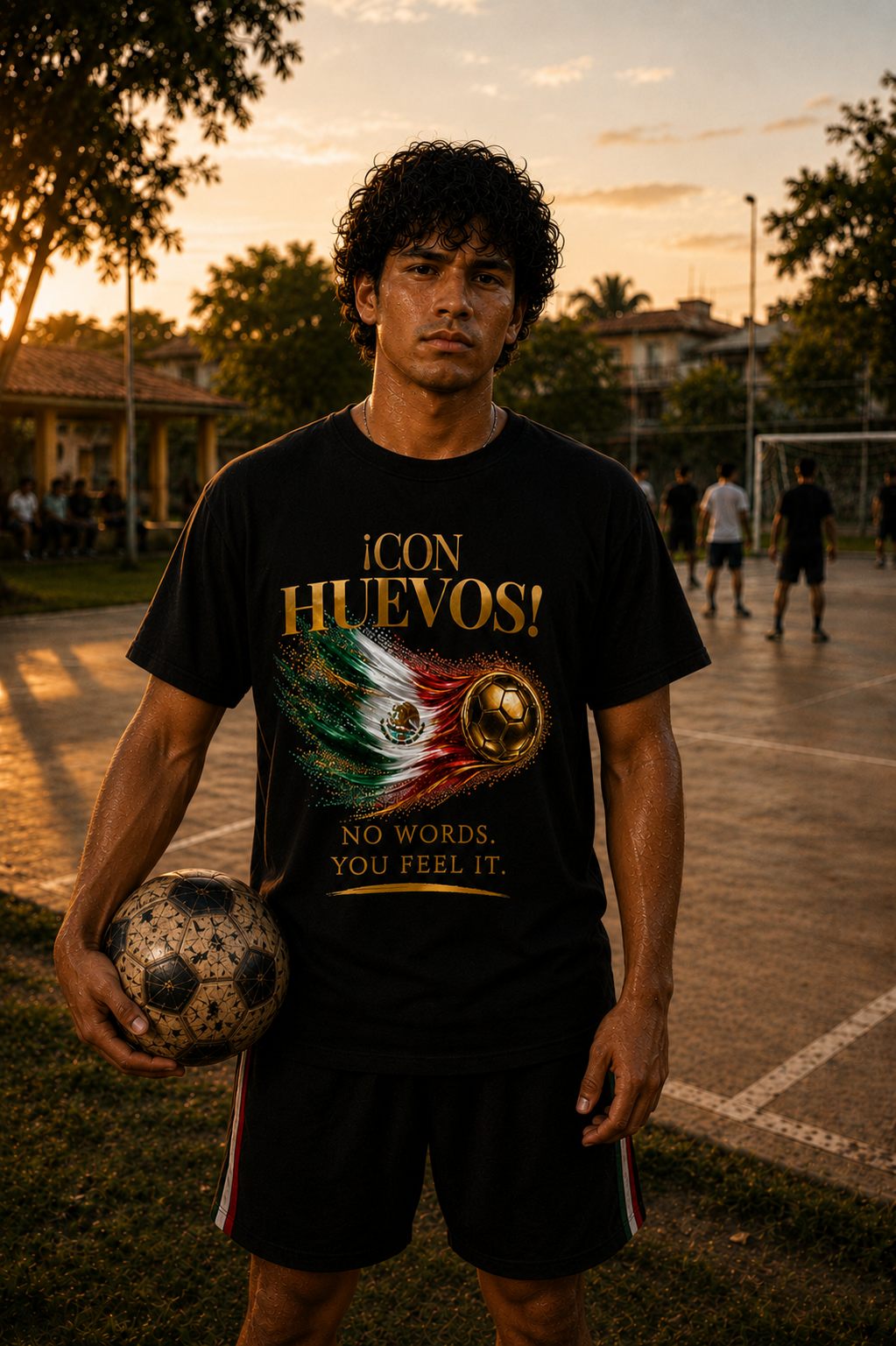 Con Huevos! México Tee | Gold Soccer & Mexico Flag Design | Bilingual Edition | Front Print