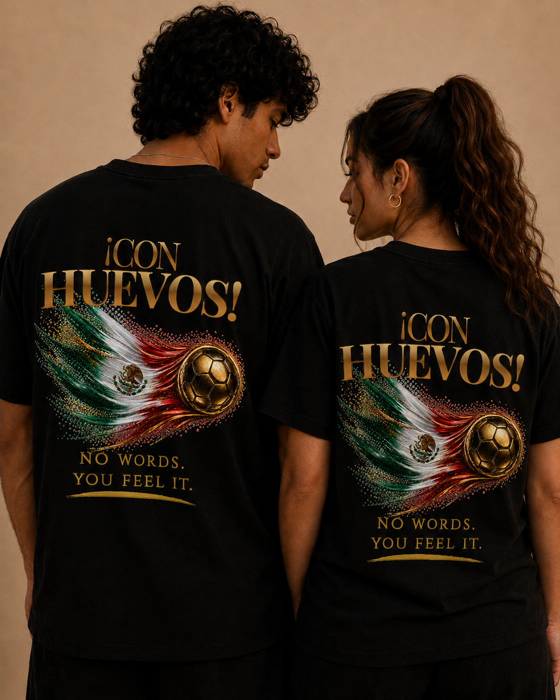 Con Huevos! México Tee | Gold Soccer & Mexico Flag Design | Bilingual Edition | Back Print