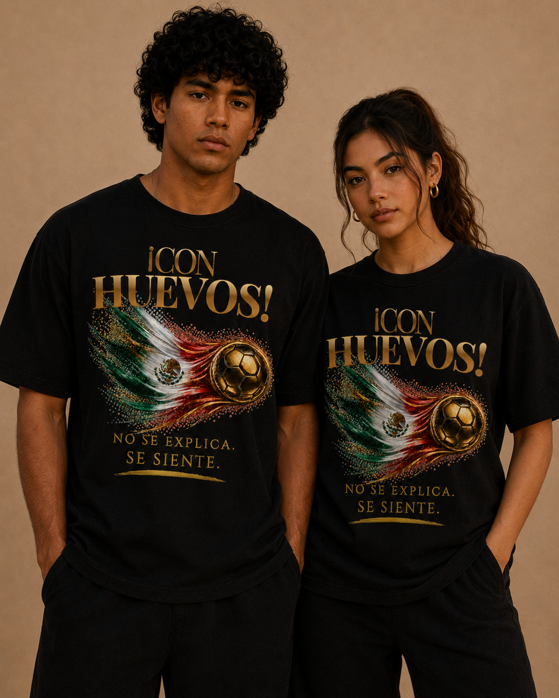 ¡Con Huevos! México Tee | Diseño Dorado de Fútbol y Bandera de México | Front Print