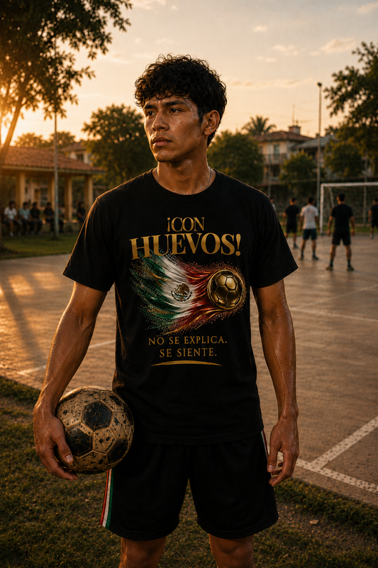 ¡Con Huevos! México Tee | Diseño Dorado de Fútbol y Bandera de México | Front Print