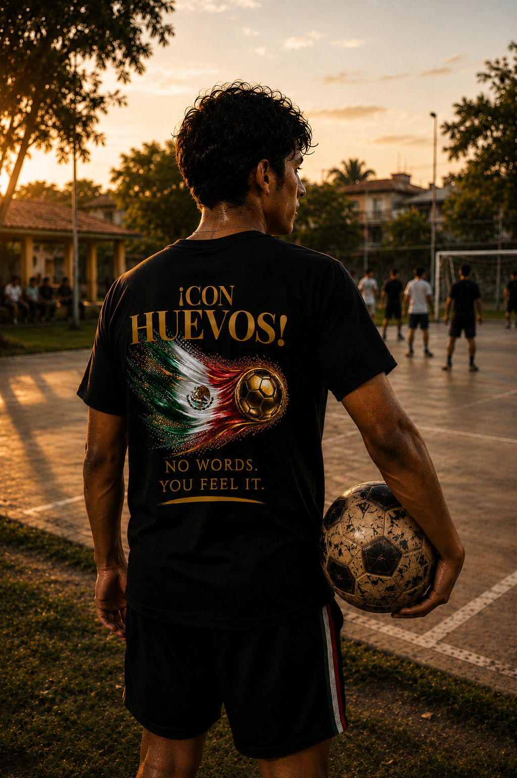 Con Huevos! México Tee | Gold Soccer & Mexico Flag Design | Bilingual Edition | Back Print