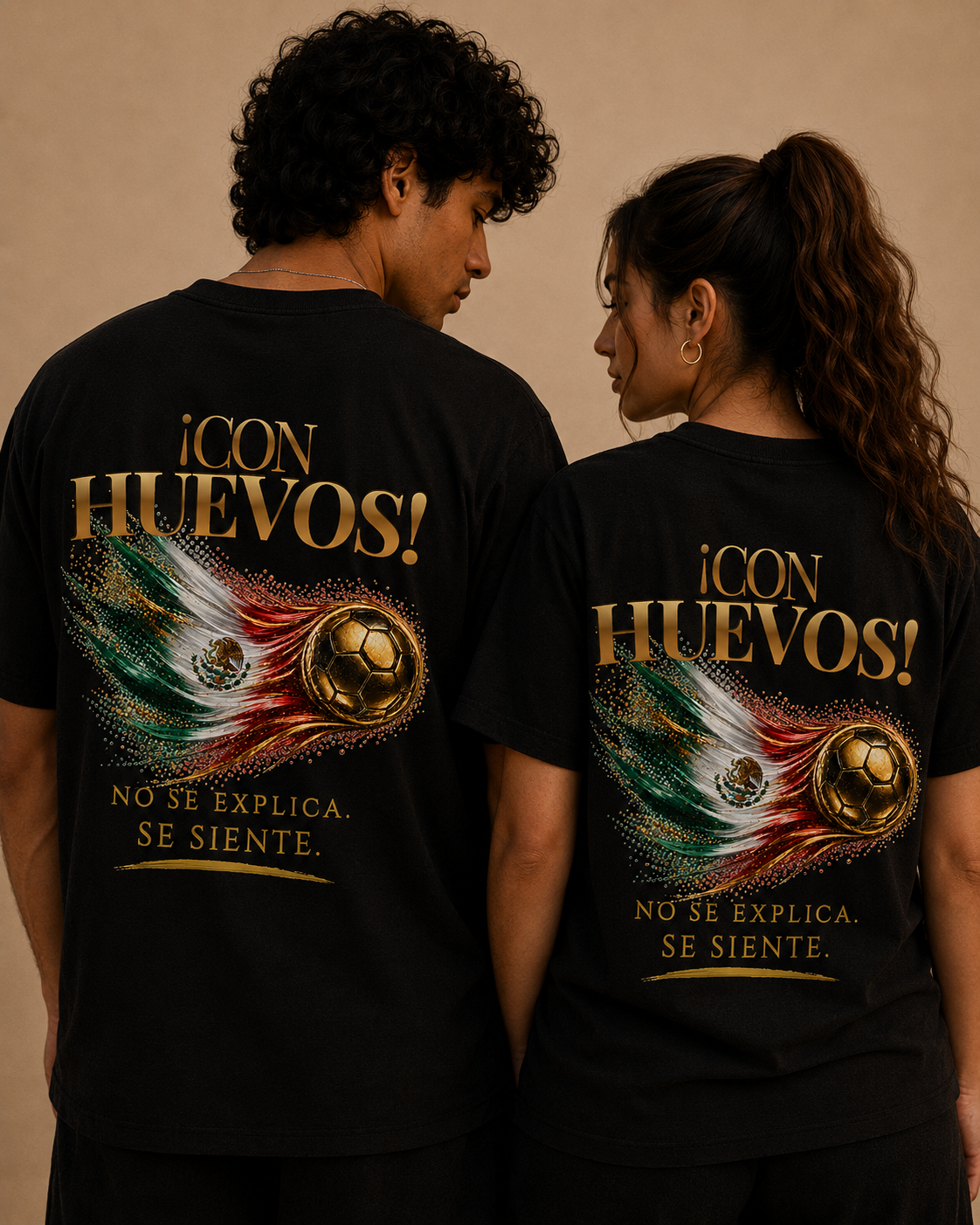 ¡Con Huevos! México Tee | Diseño Dorado de Fútbol y Bandera de México | Back Print
