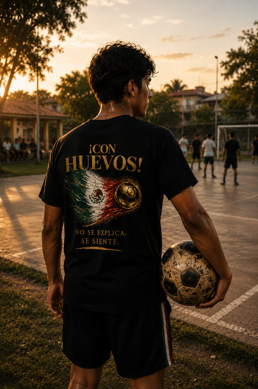 ¡Con Huevos! México Tee | Diseño Dorado de Fútbol y Bandera de México | Back Print