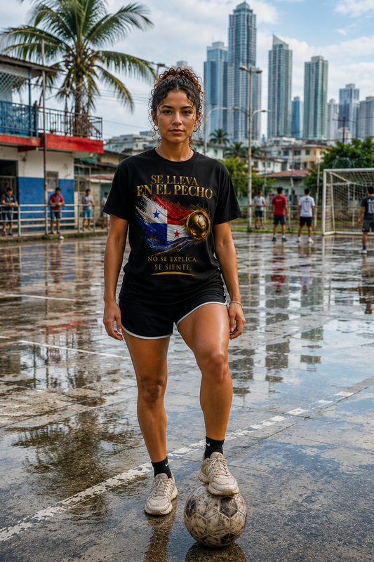 Se Lleva En El Pecho Tee | Diseño Dorado de Fútbol y Bandera de Panamá | Front Print