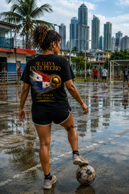 Se Lleva En El Pecho Tee | Gold Soccer & Panama Flag Design | Bilingual Edition | Back Print