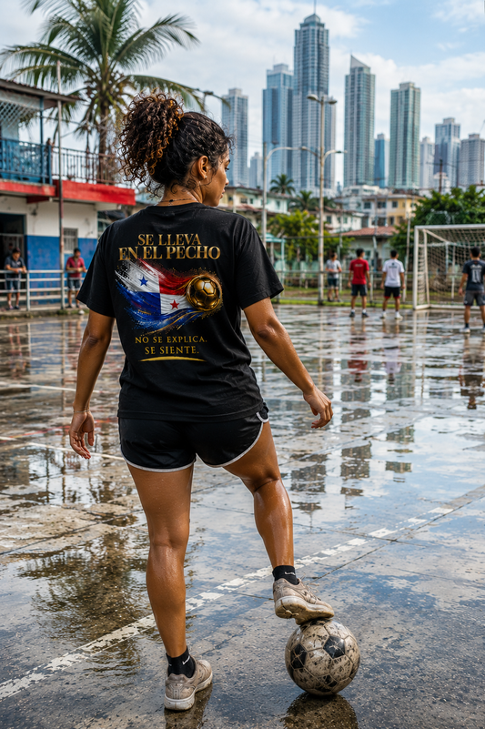 Se Lleva En El Pecho Tee | Diseño Dorado de Fútbol y Bandera de Panamá | Back Print