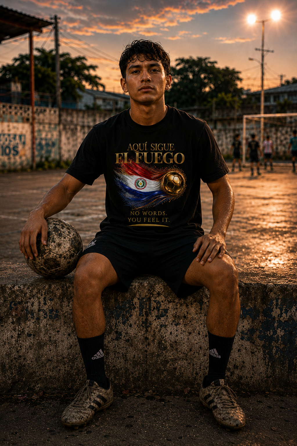 Aquí Sigue El Fuego Tee | Gold Soccer & Paraguay Flag Design | Bilingual Edition | Front Print