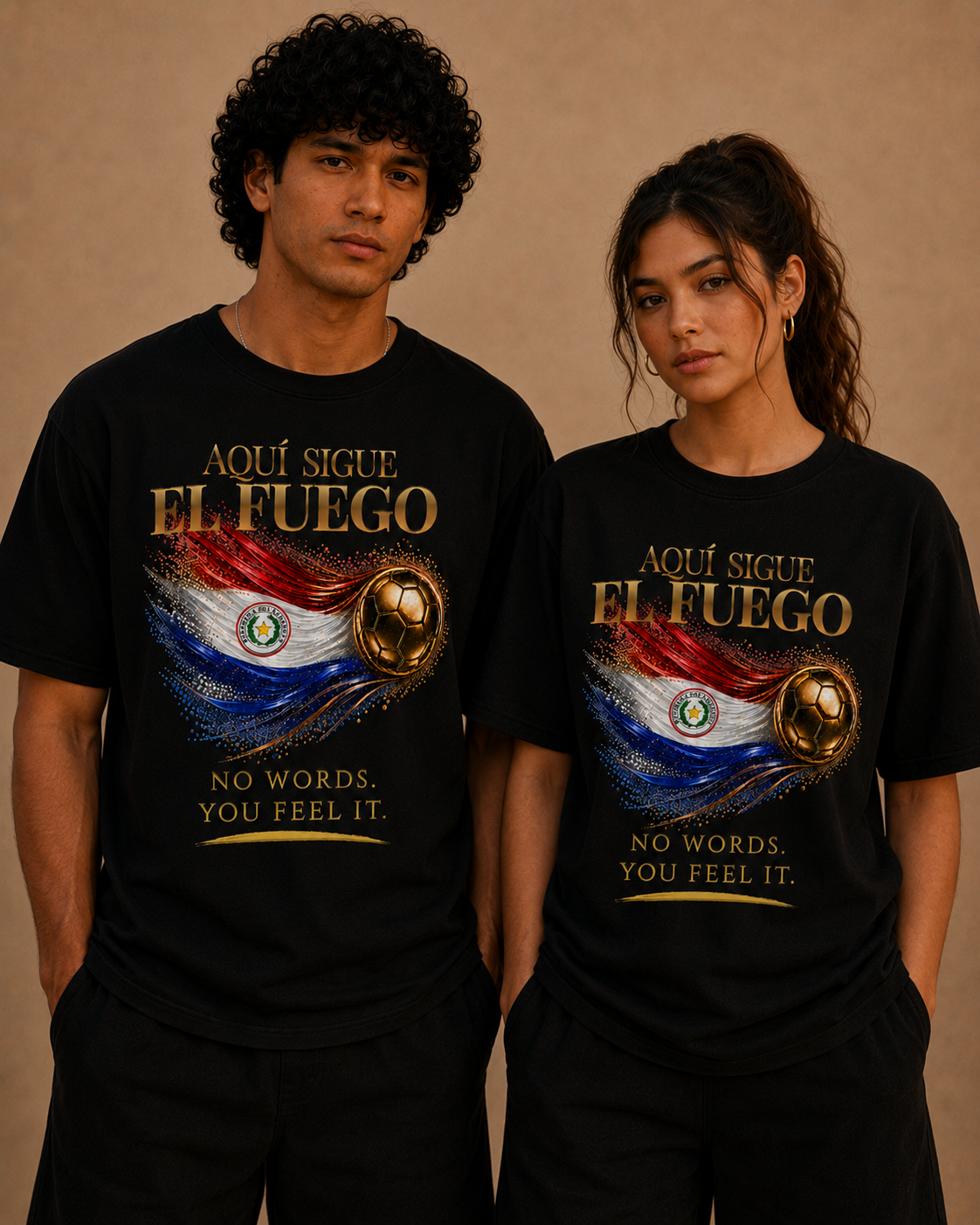 Aquí Sigue El Fuego Tee | Gold Soccer & Paraguay Flag Design | Bilingual Edition | Front Print