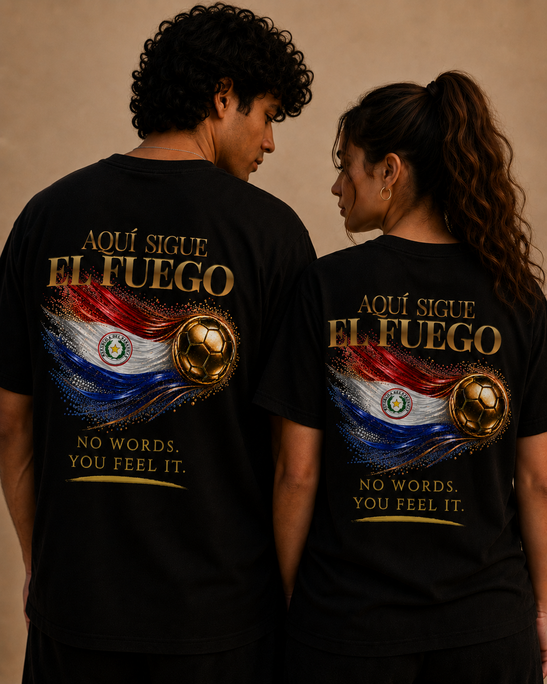 Aquí Sigue El Fuego Tee | Gold Soccer & Paraguay Flag Design | Bilingual Edition | Back Print