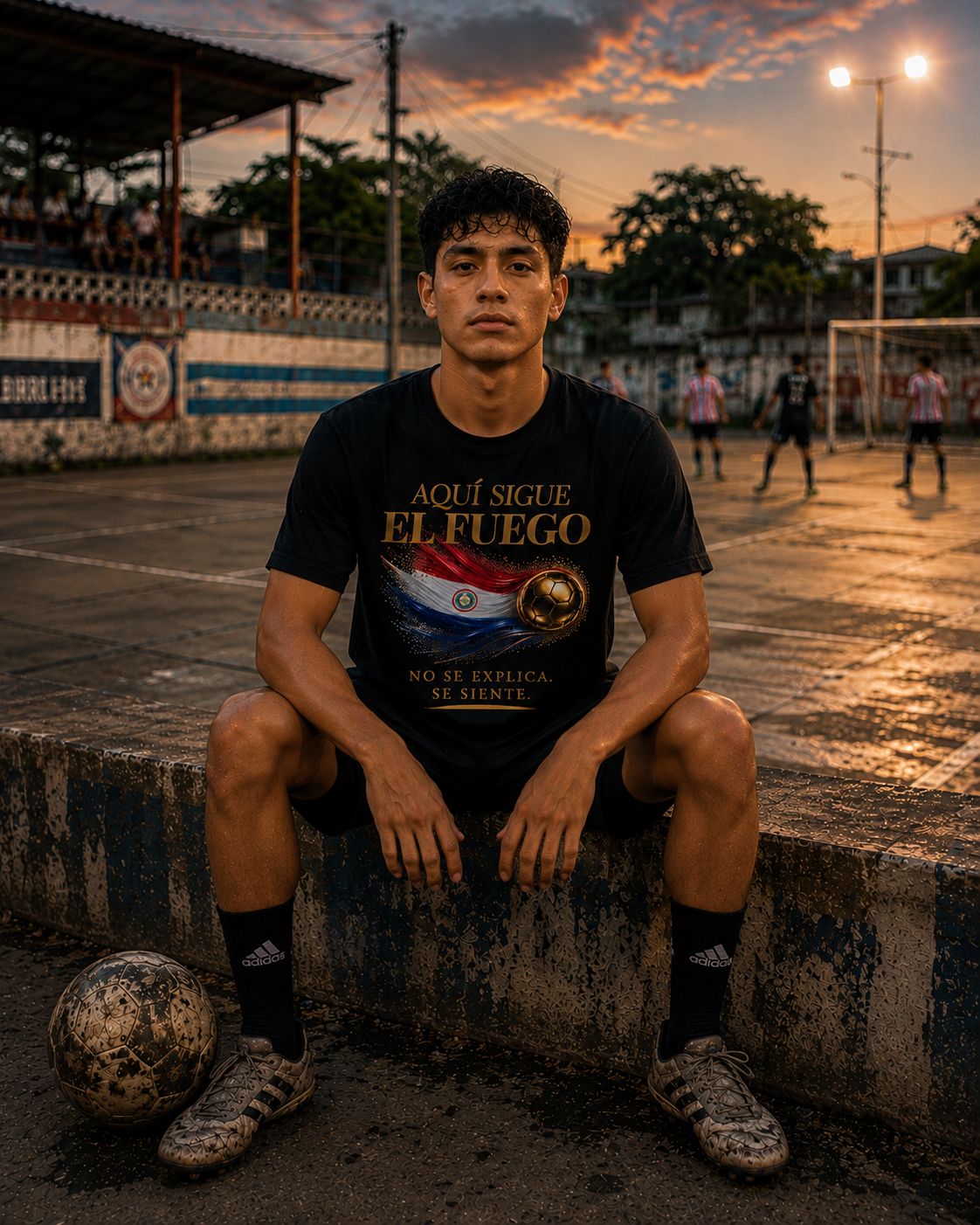 Aquí Sigue El Fuego Tee | Diseño Dorado de Fútbol y Bandera de Paraguay | Front Print