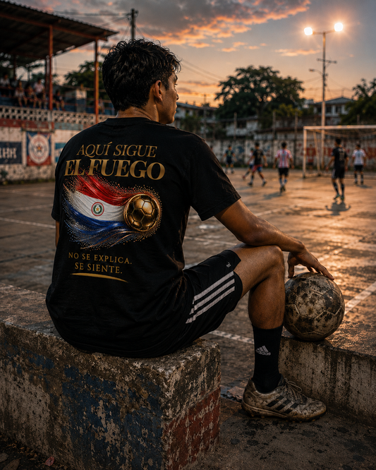 Aquí Sigue El Fuego Tee | Diseño Dorado de Fútbol y Bandera de Paraguay | Back Print