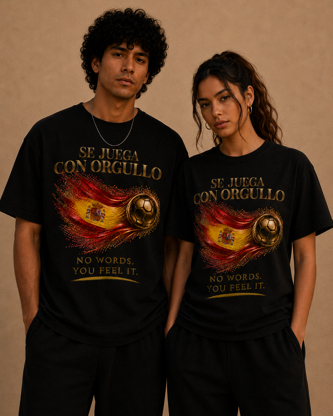 Se Juega Con Orgullo Tee | Gold Soccer & Spain Flag Design | Bilingual Edition | Front Print