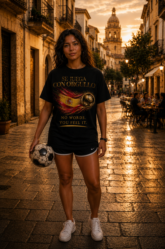 Se Juega Con Orgullo Tee | Gold Soccer & Spain Flag Design | Bilingual Edition | Front Print