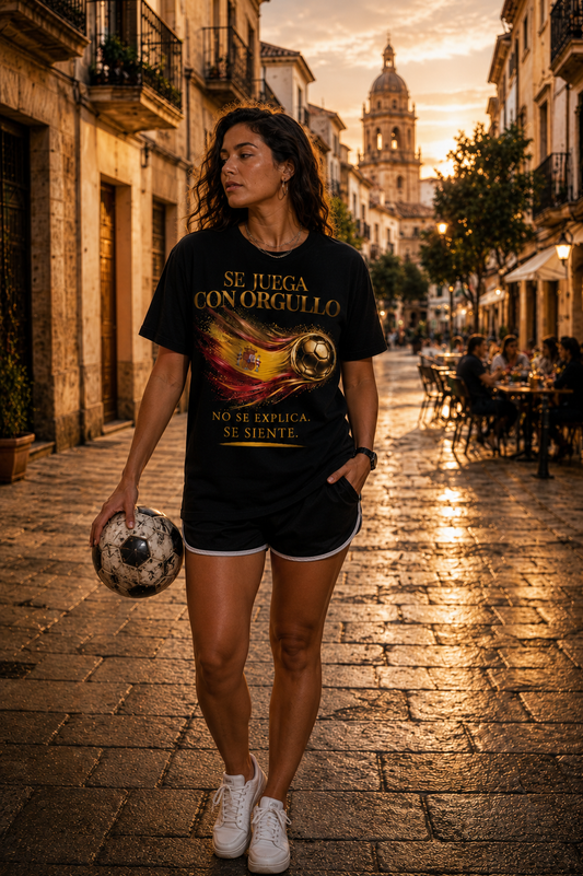 Se Juega Con Orgullo Tee | Diseño Dorado de Fútbol y Bandera de España | Front Print