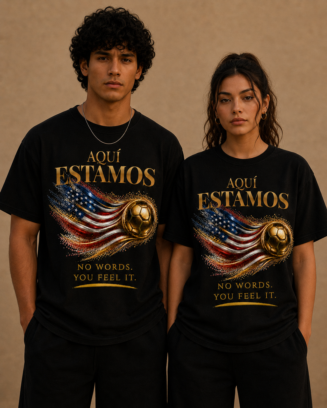 Aquí Estamos Tee | Gold Soccer & United States Flag Design | Bilingual Edition | Front Print