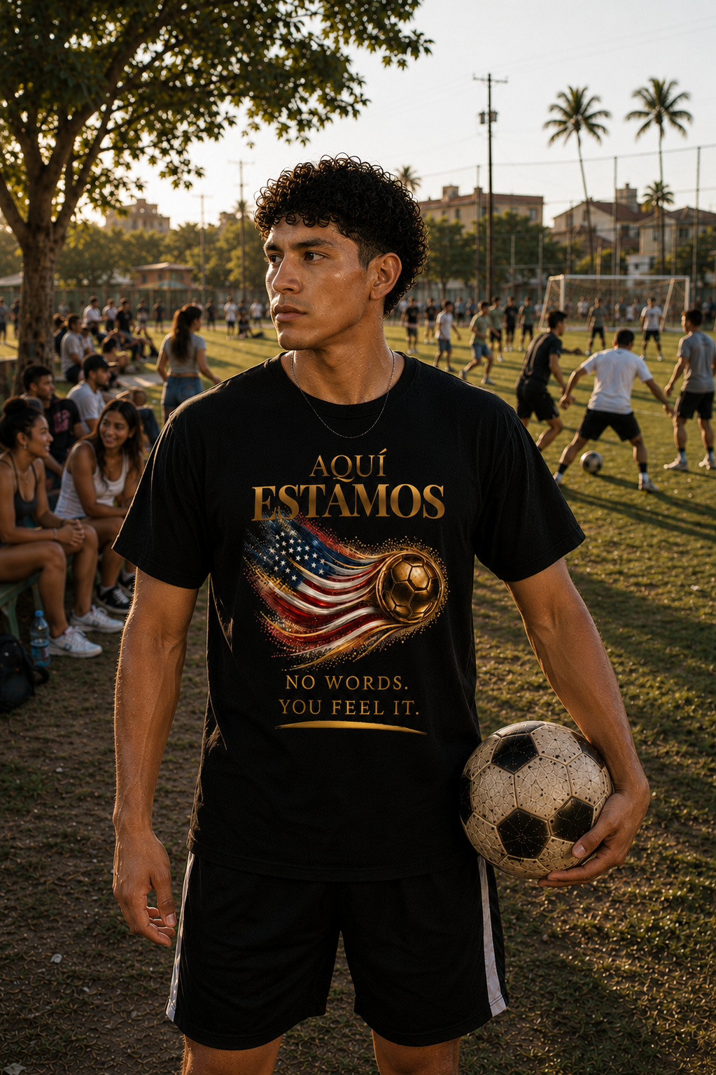 Aquí Estamos Tee | Gold Soccer & United States Flag Design | Bilingual Edition | Front Print
