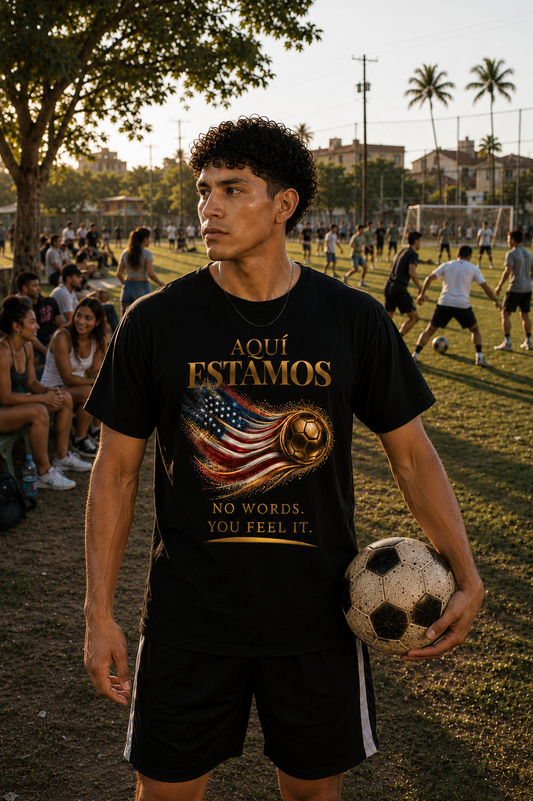 Aquí Estamos Tee | Gold Soccer & United States Flag Design | Bilingual Edition | Front Print