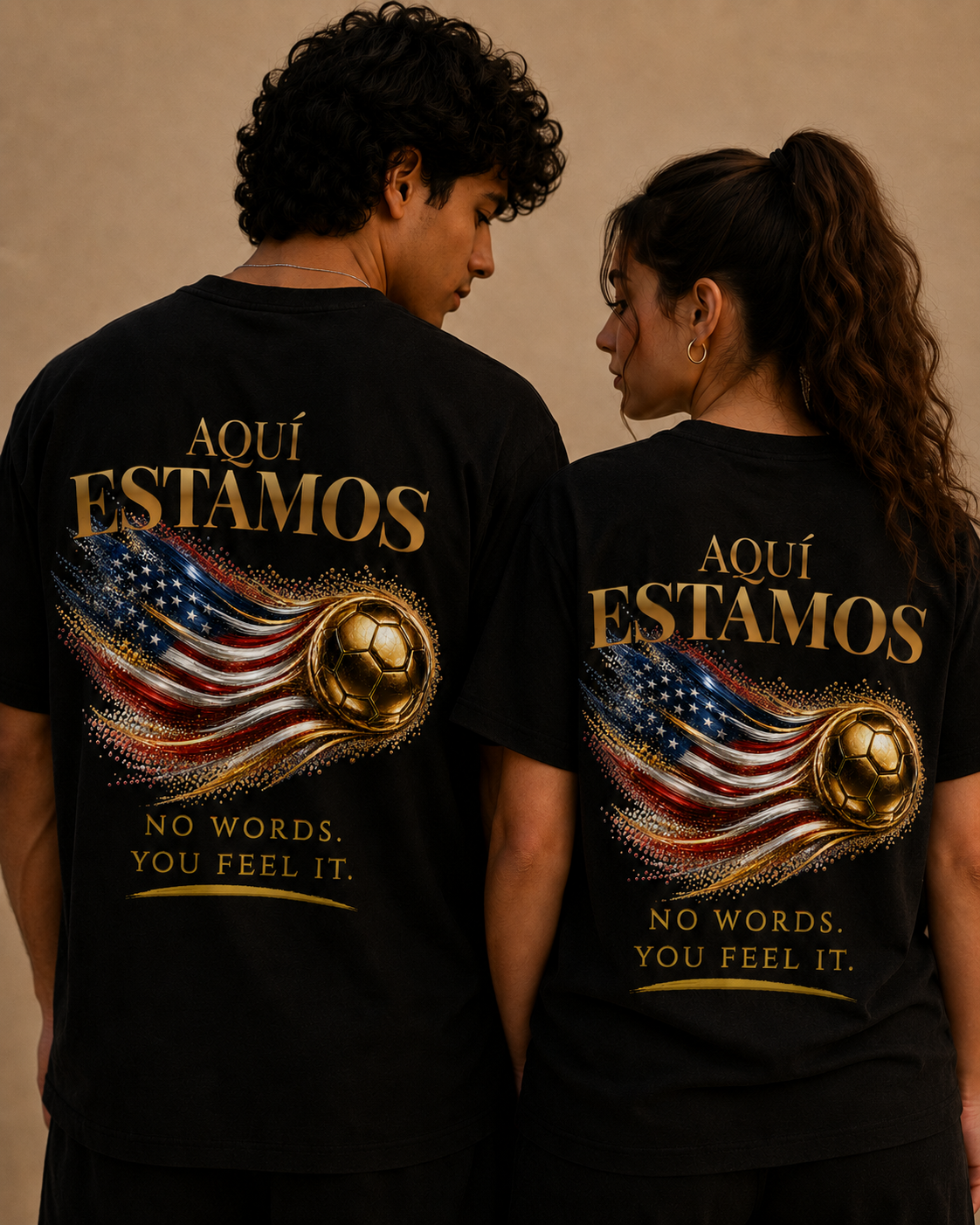 Aquí Estamos Tee | Gold Soccer & United States Flag Design | Bilingual Edition | Back Print