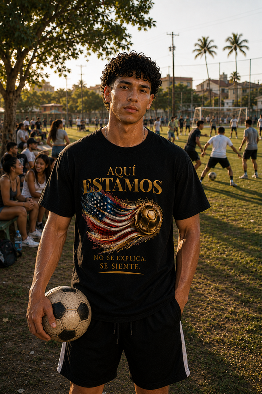 Aquí Estamos Tee | Diseño Dorado de Fútbol y Bandera de Estados Unidos | Front Print