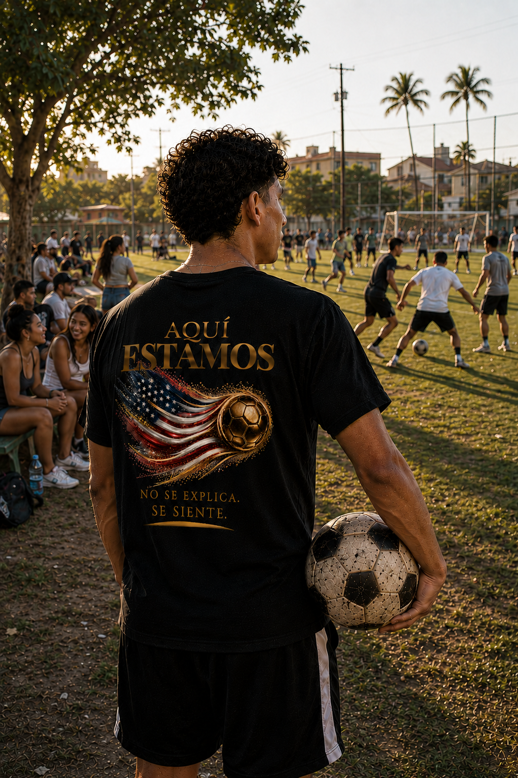 Aquí Estamos Tee | Diseño Dorado de Fútbol y Bandera de Estados Unidos | Back Print