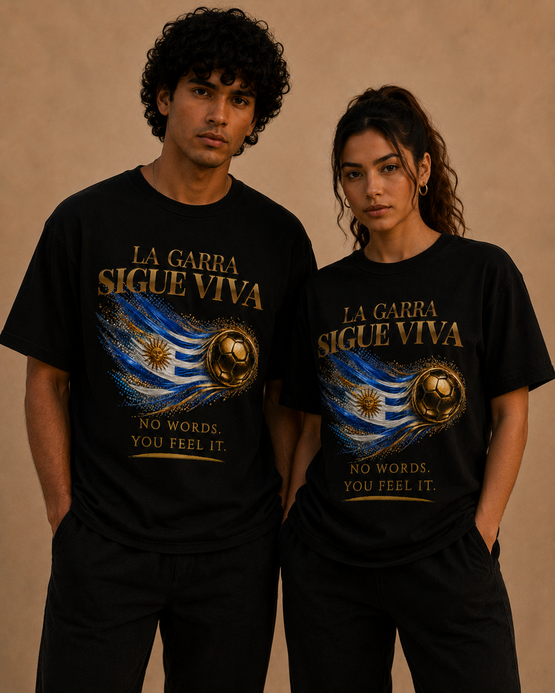 La Garra Sigue Viva Tee | Gold Soccer & Uruguay Flag Design | Bilingual Edition | Front Print
