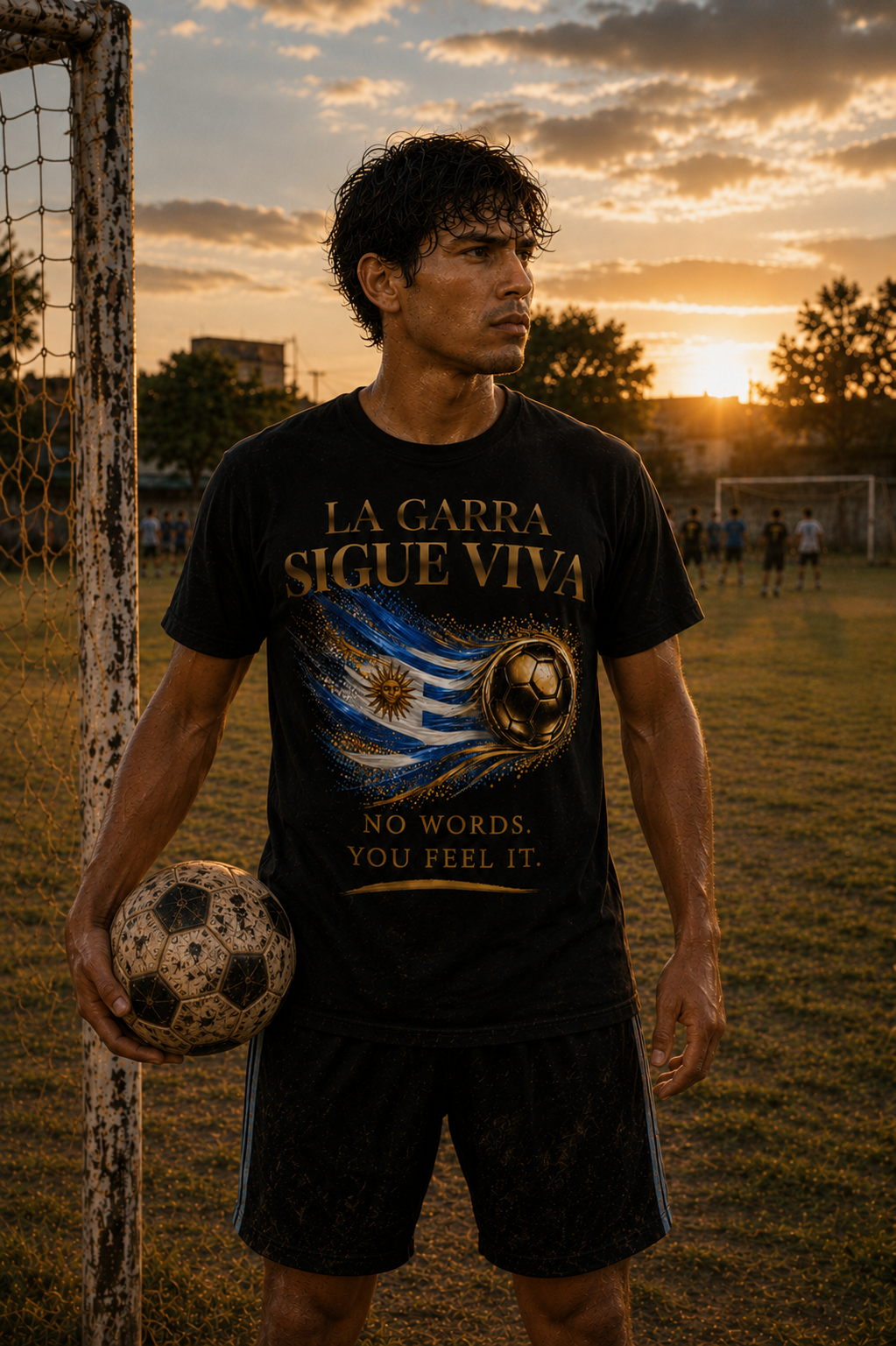 La Garra Sigue Viva Tee | Gold Soccer & Uruguay Flag Design | Bilingual Edition | Front Print