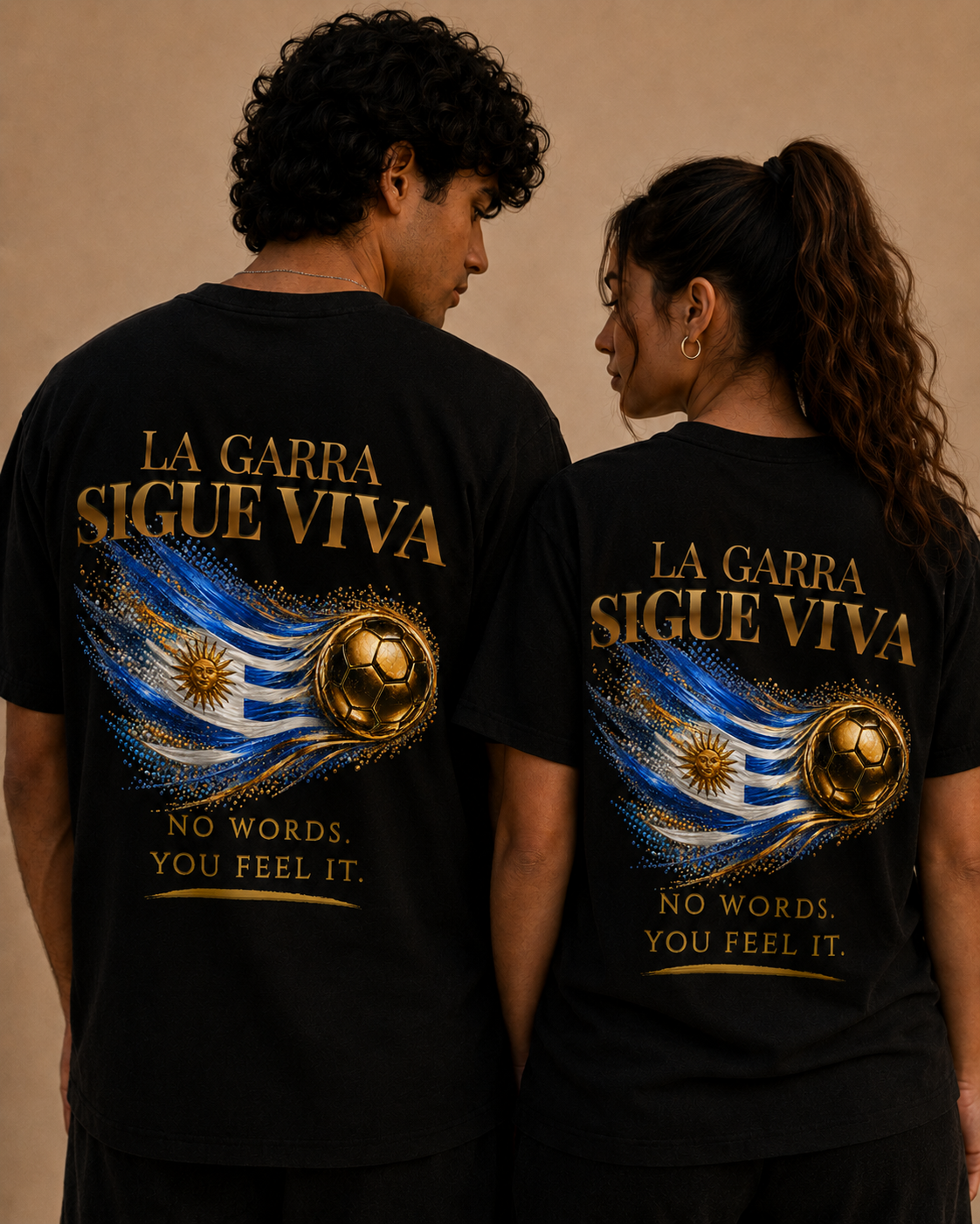 La Garra Sigue Viva Tee | Gold Soccer & Uruguay Flag Design | Bilingual Edition | Back Print