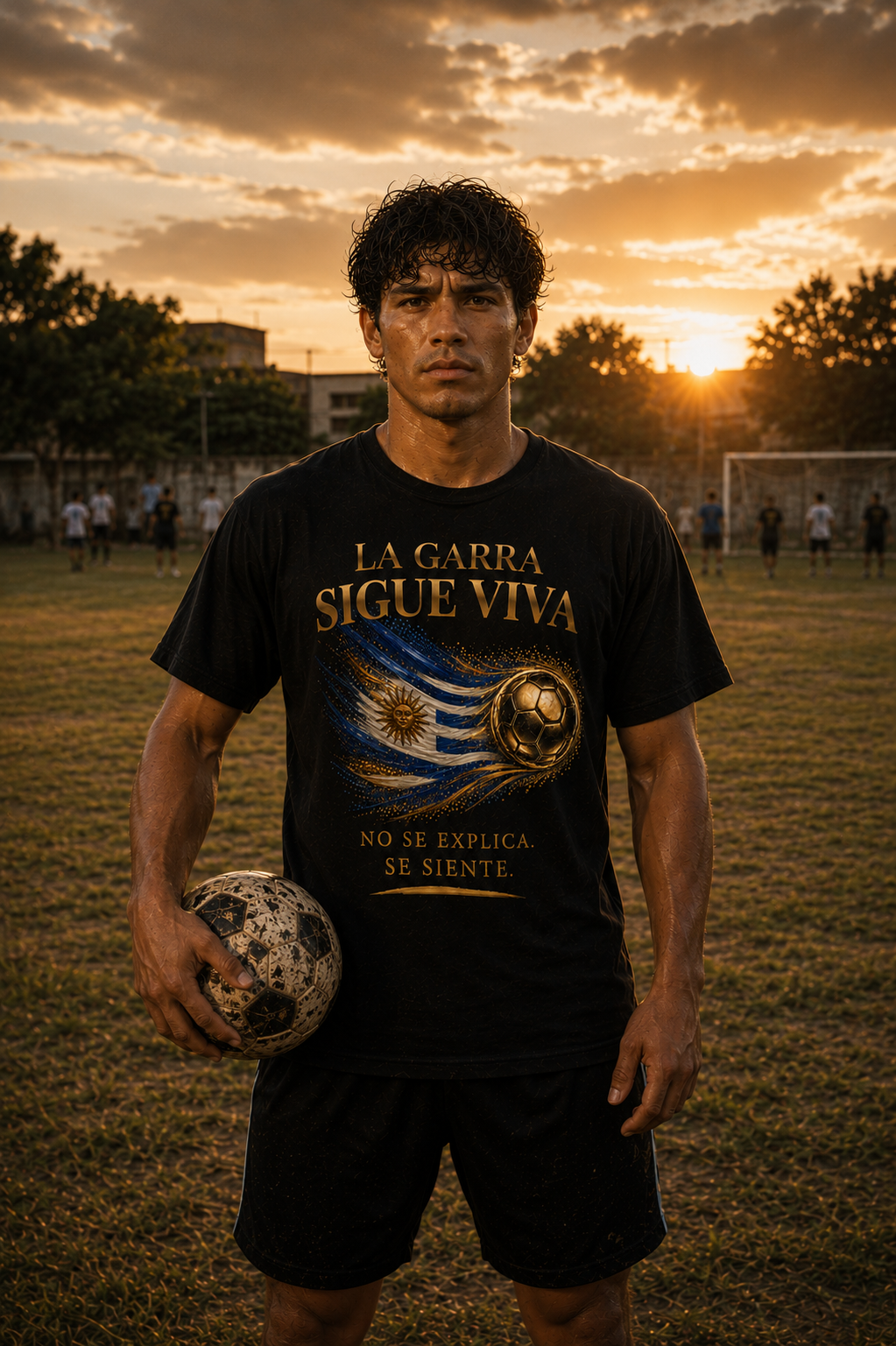 La Garra Sigue Viva Tee | Diseño Dorado de Fútbol y Bandera de Uruguay | Front Print