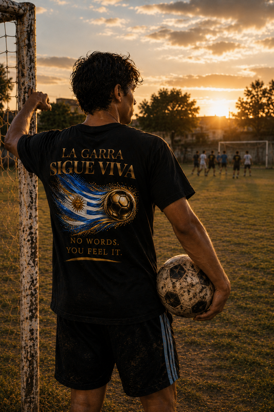 La Garra Sigue Viva Tee | Gold Soccer & Uruguay Flag Design | Bilingual Edition | Back Print